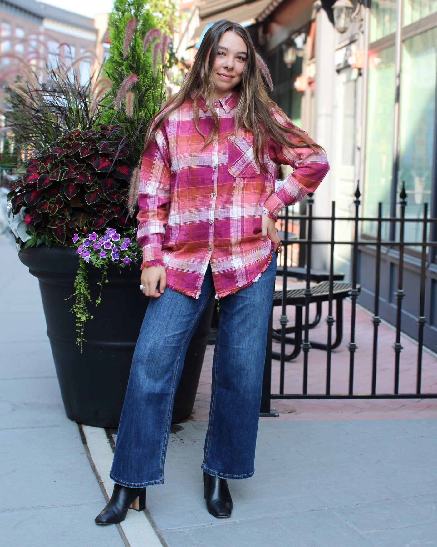 Fringe Hem Plaid Button Up Shirt