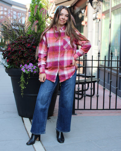 Fringe Hem Plaid Button Up Shirt