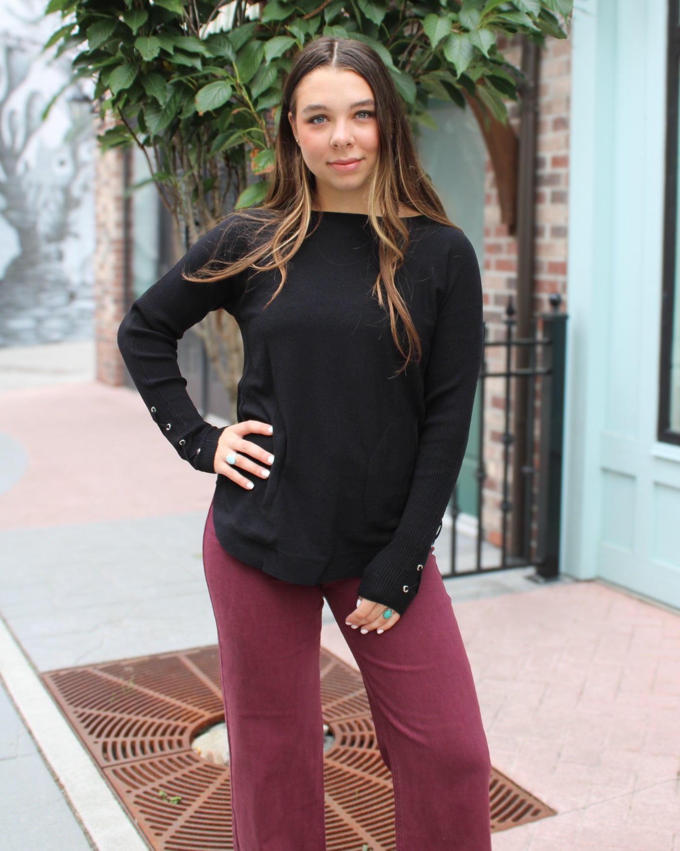 Lace Up Sleeve Sweater with Pockets