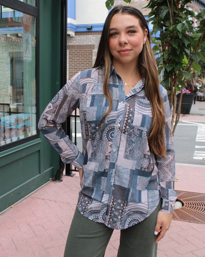 Patchwork Blouse with Front Tie