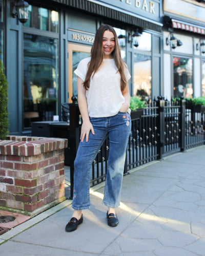 Embroidered Roll Up Cuff Jeans