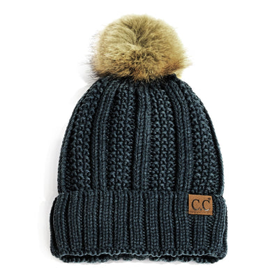 CC Fleece Lined Cable Knit Pom Beanie