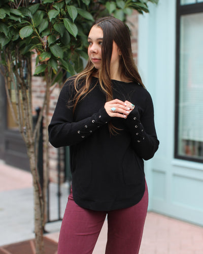 Lace Up Sleeve Sweater with Pockets