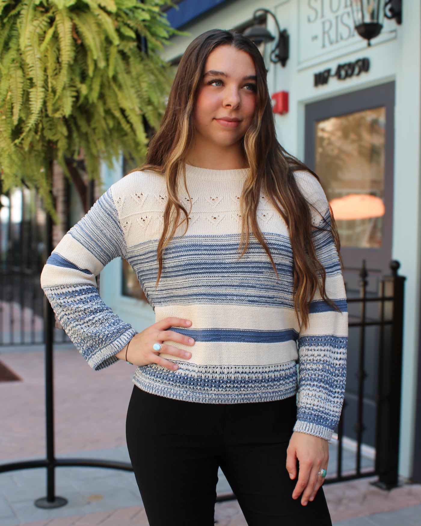 Striped Bell Sleeve Boat Neck Sweater