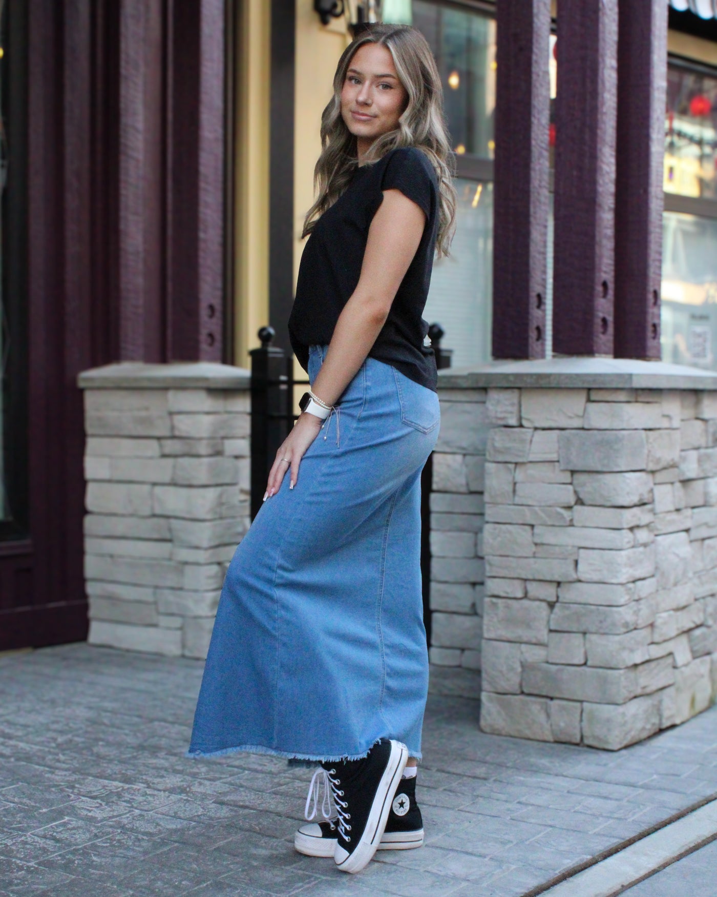 Denim Midi Skirt with Slit
