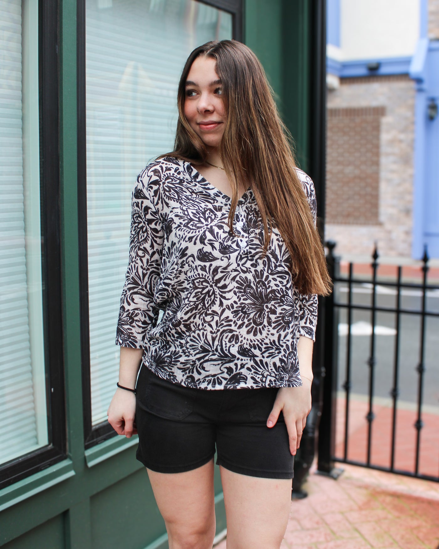Printed Roll Up Sleeve Linen Blouse