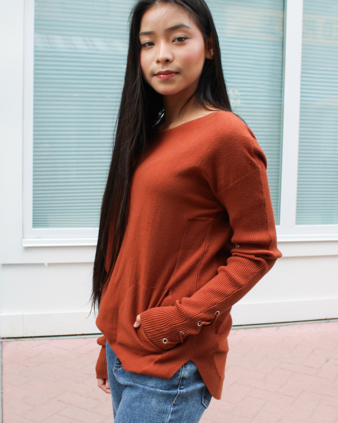 Lace Up Sleeve Sweater with Pockets