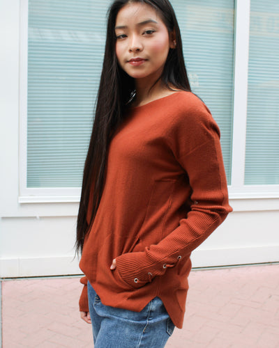 Lace Up Sleeve Sweater with Pockets