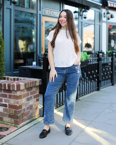 Embroidered Roll Up Cuff Jeans