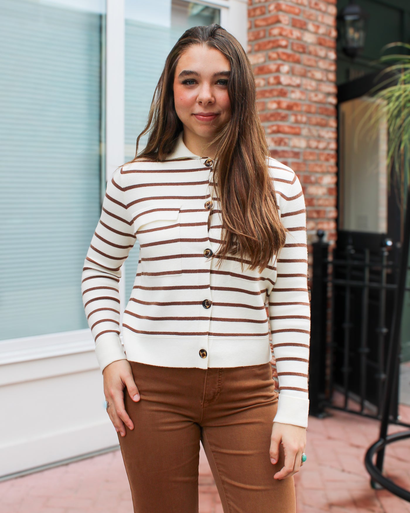 Moonstone Button Front Striped Cardigan