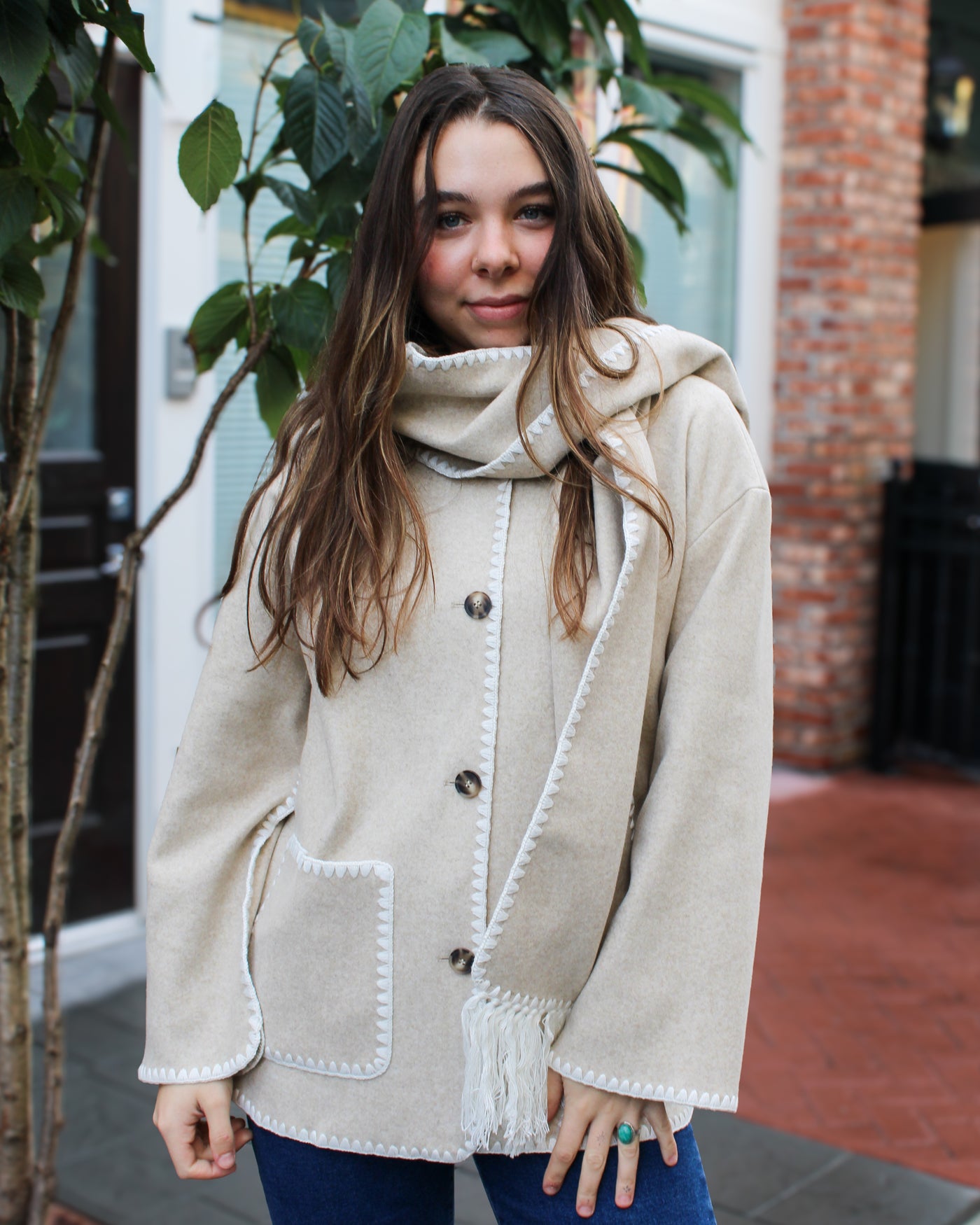 Button Front Coat with Detachable Scarf