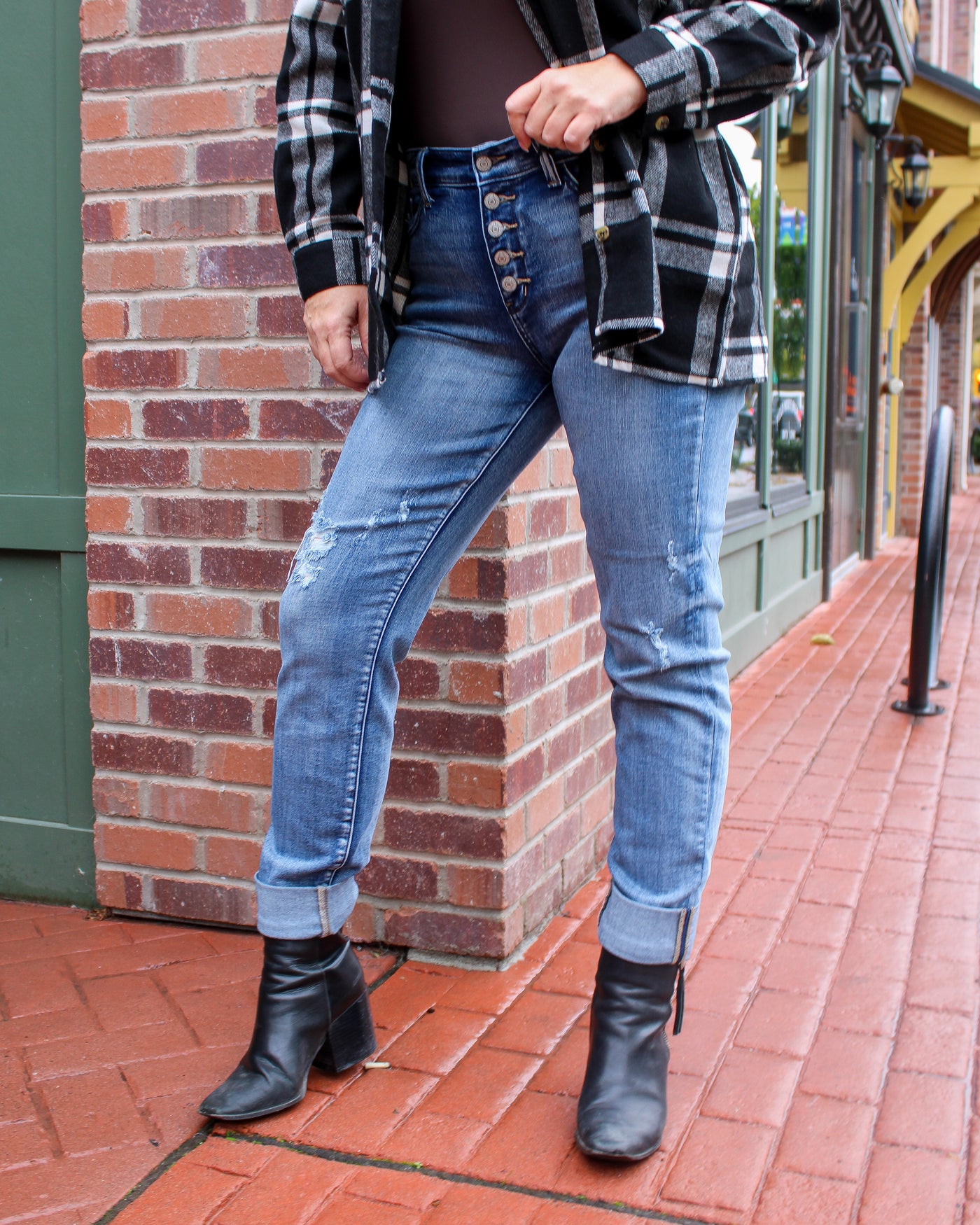 Button Fly Distressed Jeans with Cuff