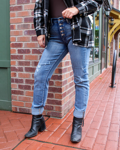 Button Fly Distressed Jeans with Cuff