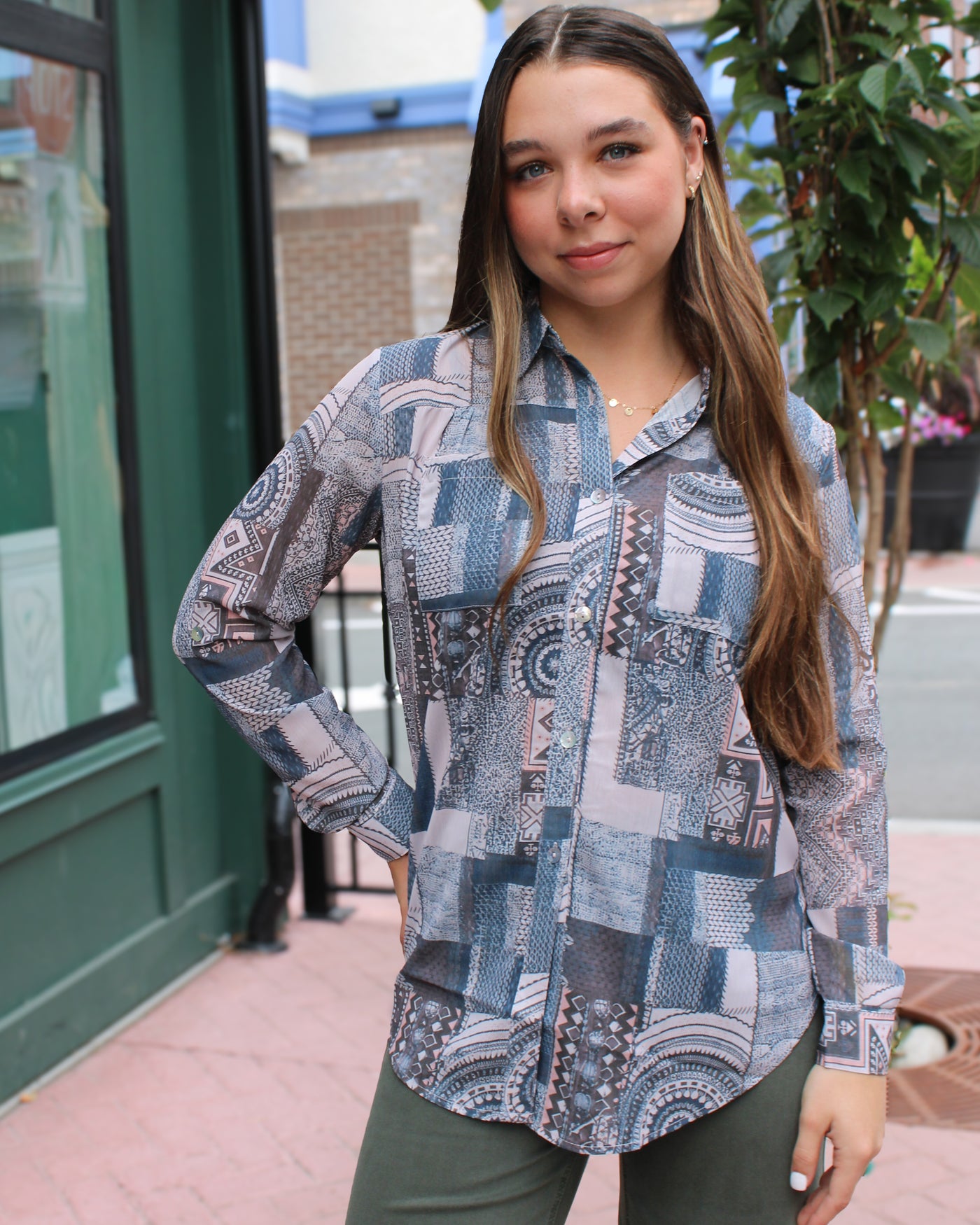 Patchwork Blouse with Front Tie