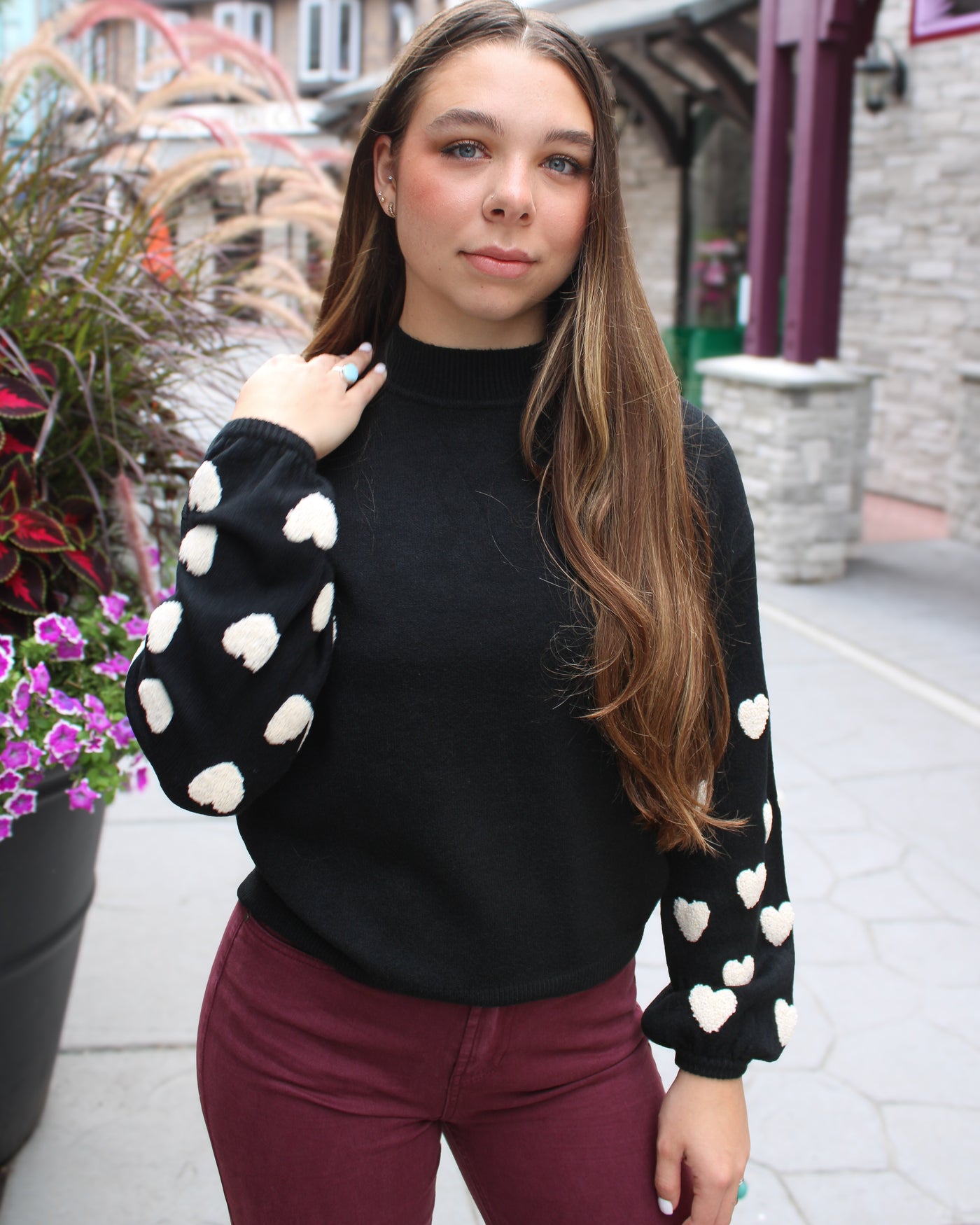 Mock Neck Sweater with Boucle Hearts