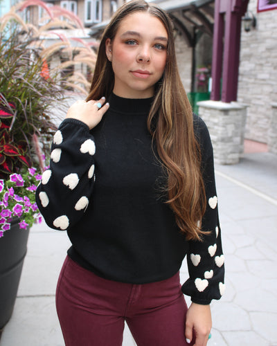 Mock Neck Sweater with Boucle Hearts