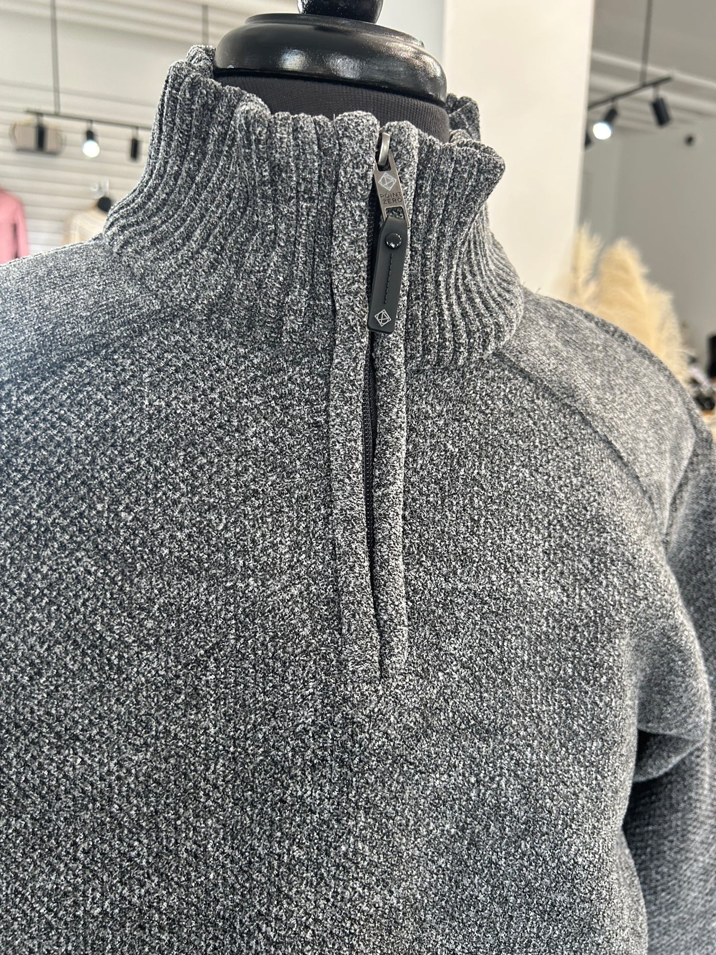 Chenille Mock Neck Zip Black Melange Sweater