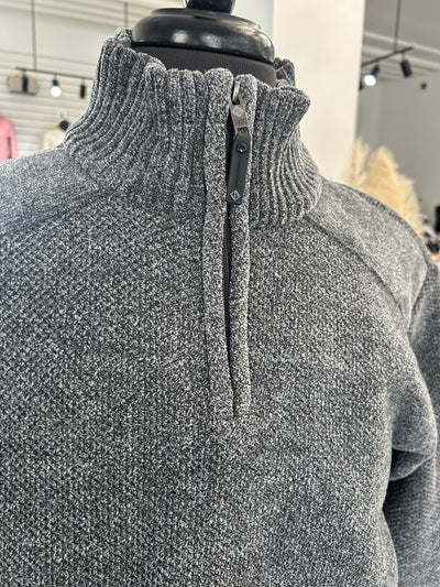 Chenille Mock Neck Zip Black Melange Sweater