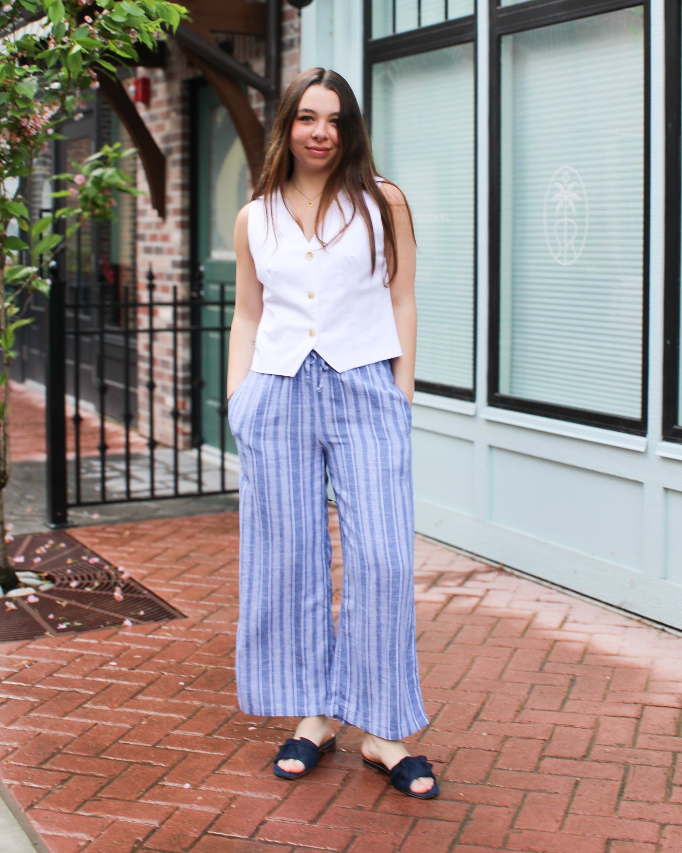 Striped Linen Blend Flowy Pants