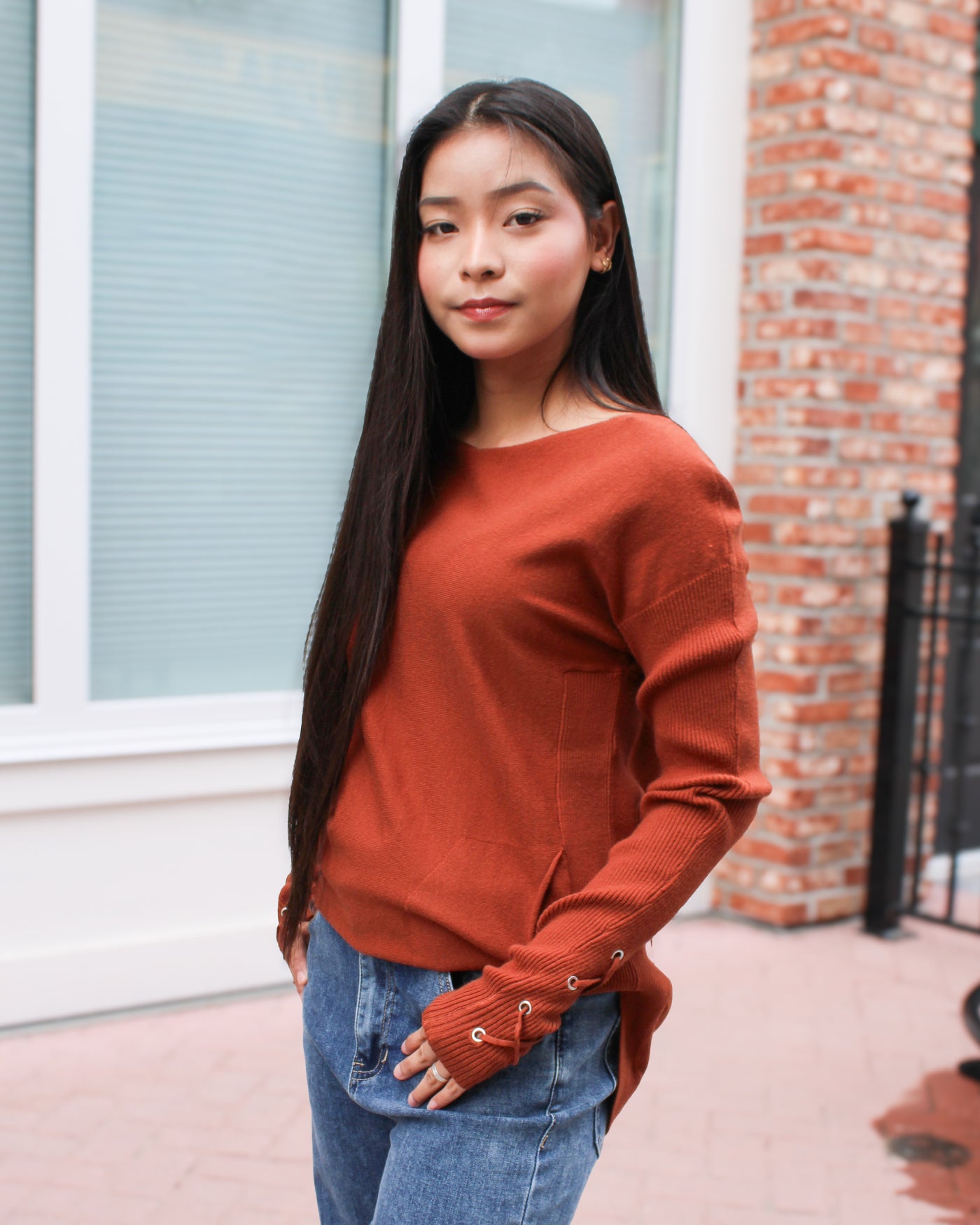 Lace Up Sleeve Sweater with Pockets
