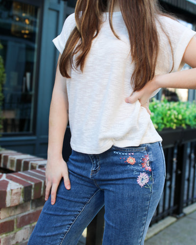 Embroidered Roll Up Cuff Jeans