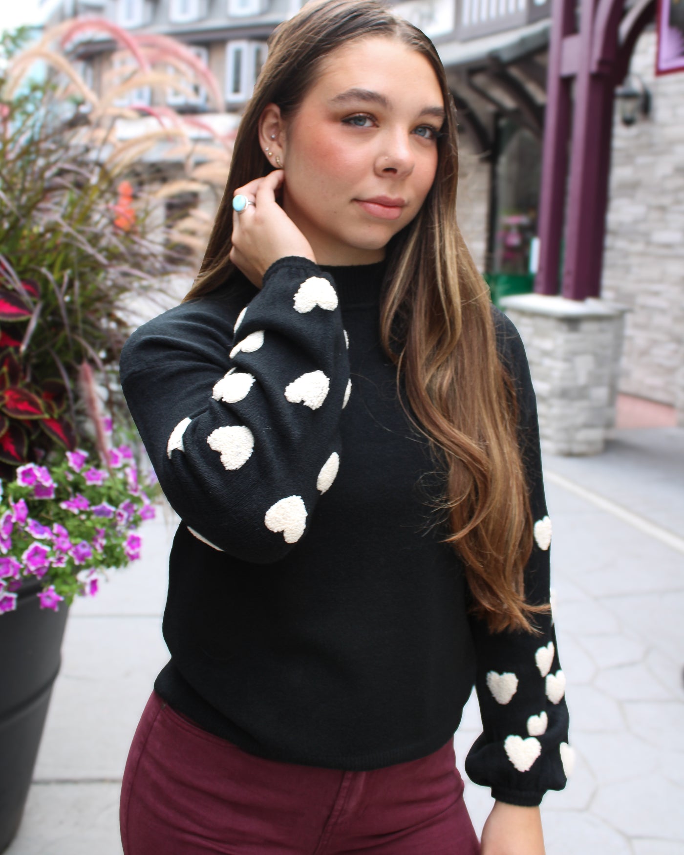Mock Neck Sweater with Boucle Hearts