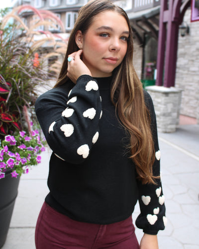 Mock Neck Sweater with Boucle Hearts