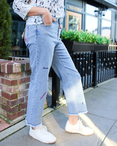 Embroidered Straight Crop Jeans