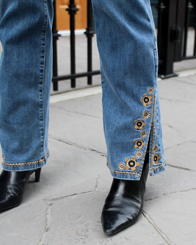 Embroidered Slit Bell Bottom Jean
