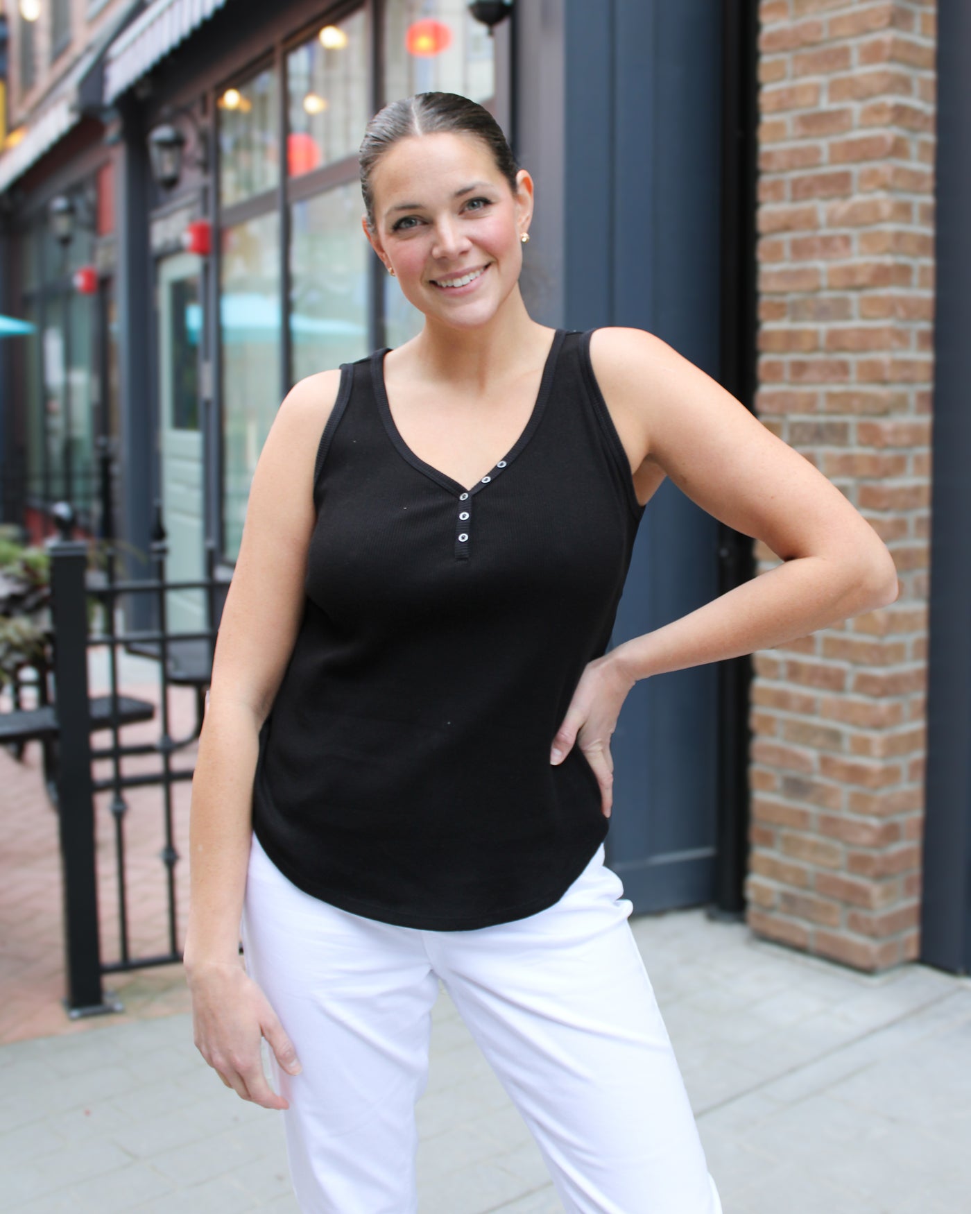 Cotton Henley Tank with Buttons