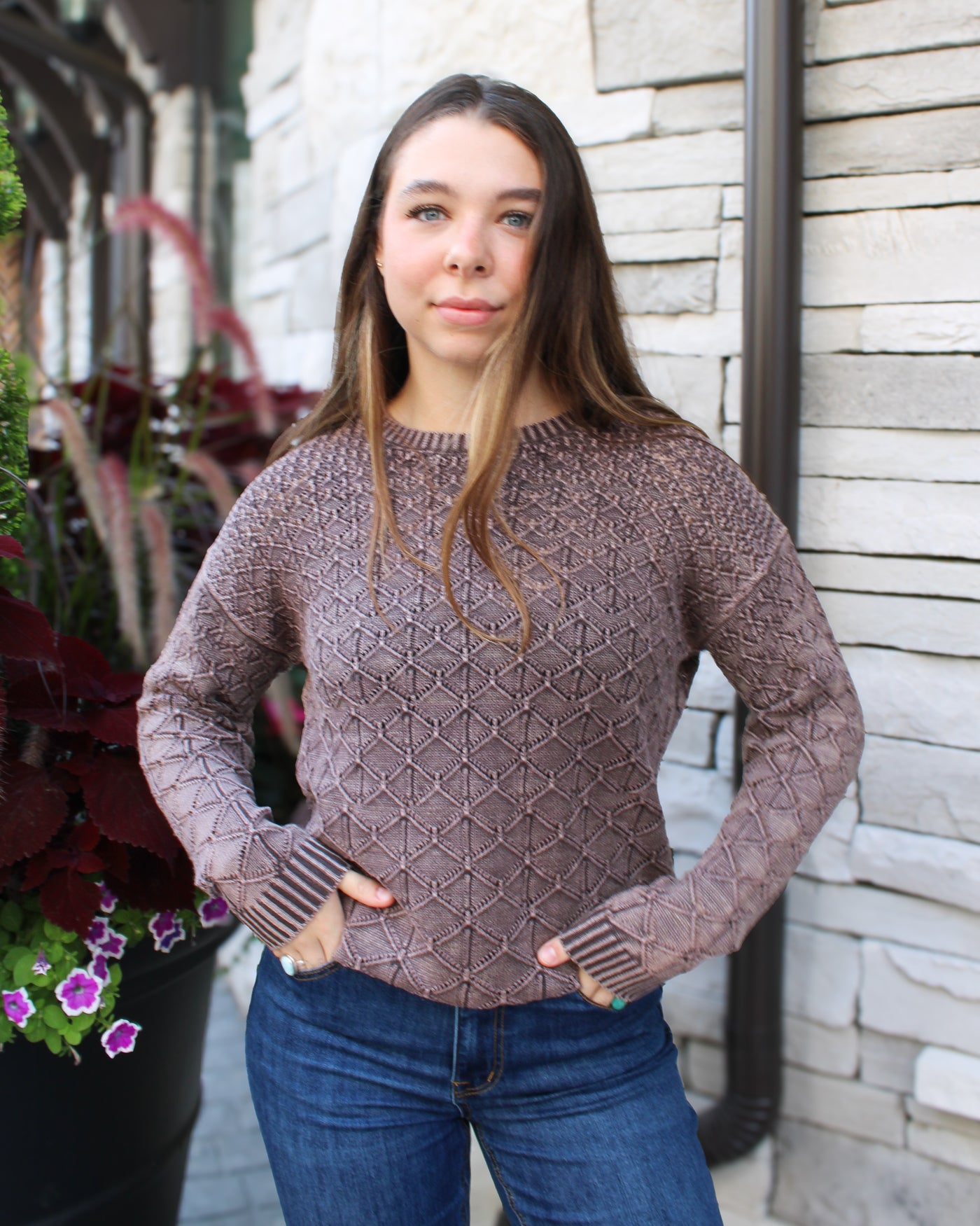 Mocha Cold Dye Pointelle Sweater
