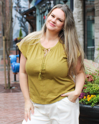 Split Neck Top with Tassel