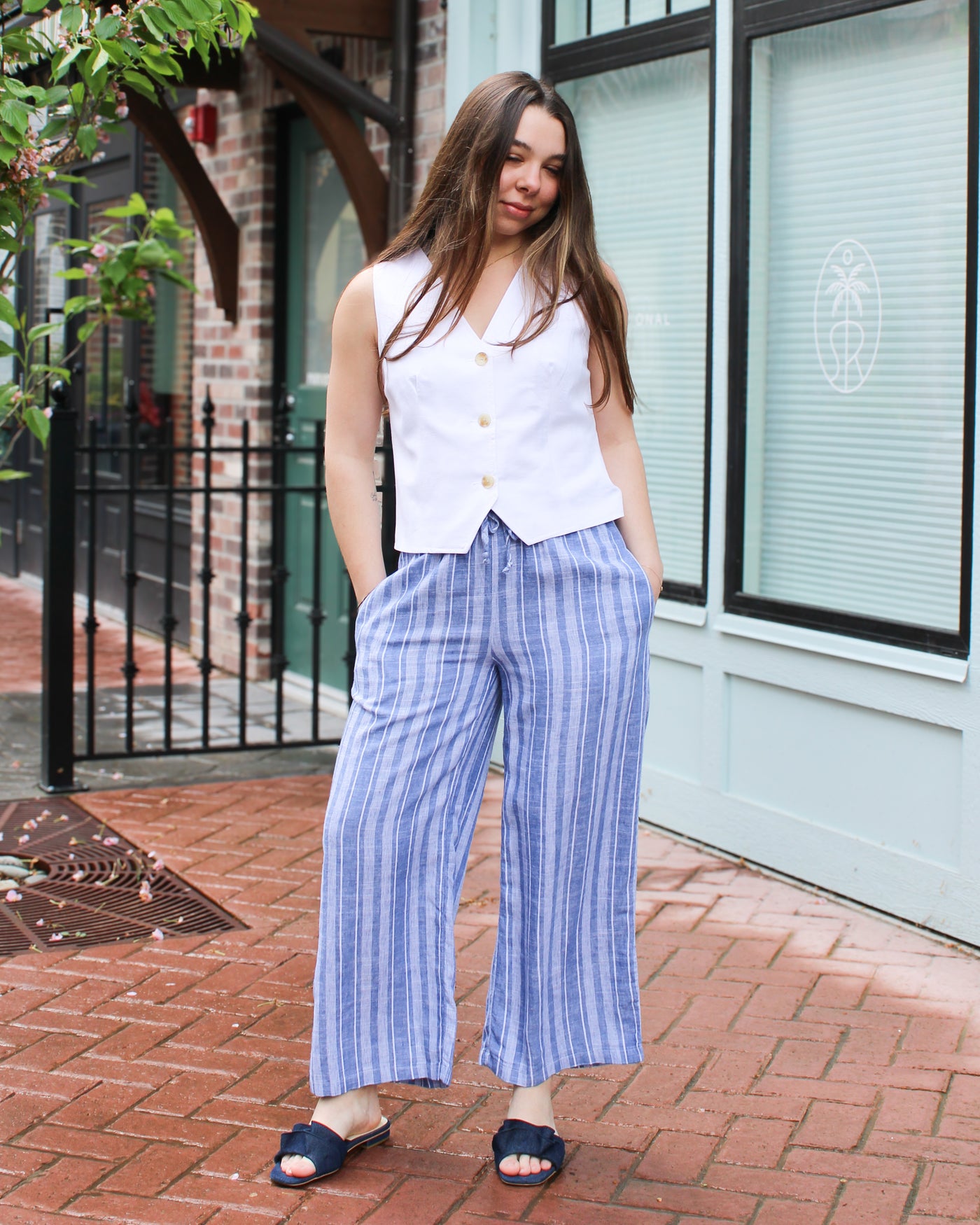 Striped Linen Blend Flowy Pants