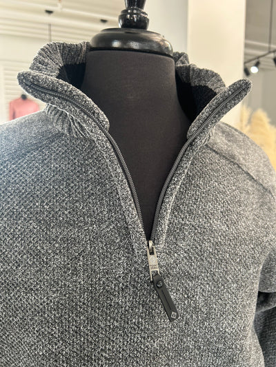 Chenille Mock Neck Zip Black Melange Sweater