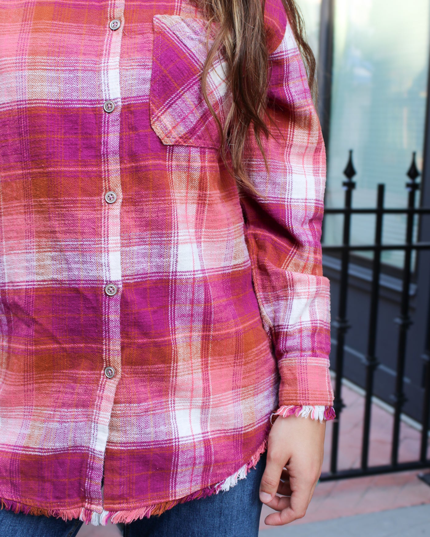 Fringe Hem Plaid Button Up Shirt