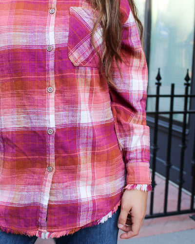 Fringe Hem Plaid Button Up Shirt