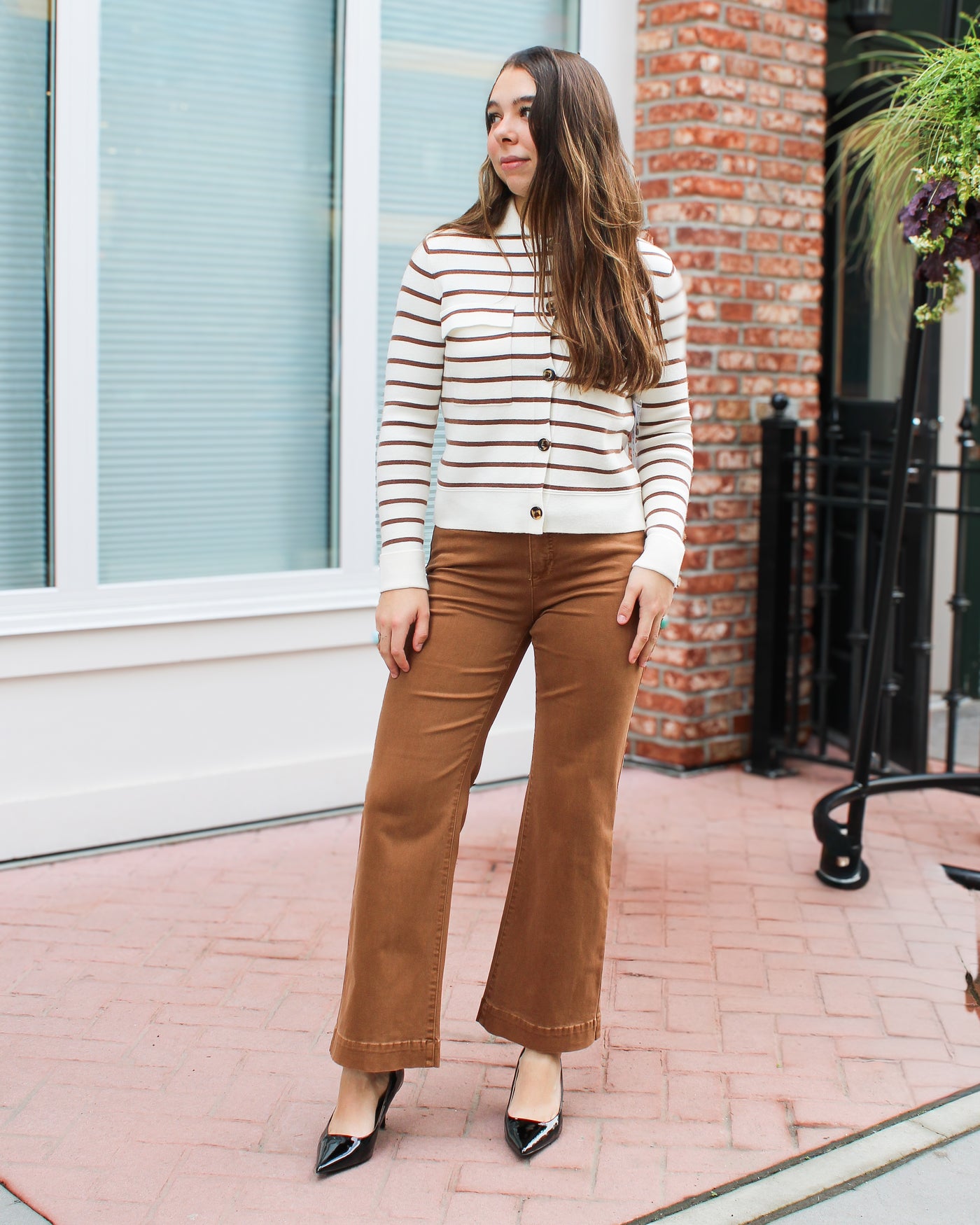 Moonstone Button Front Striped Cardigan