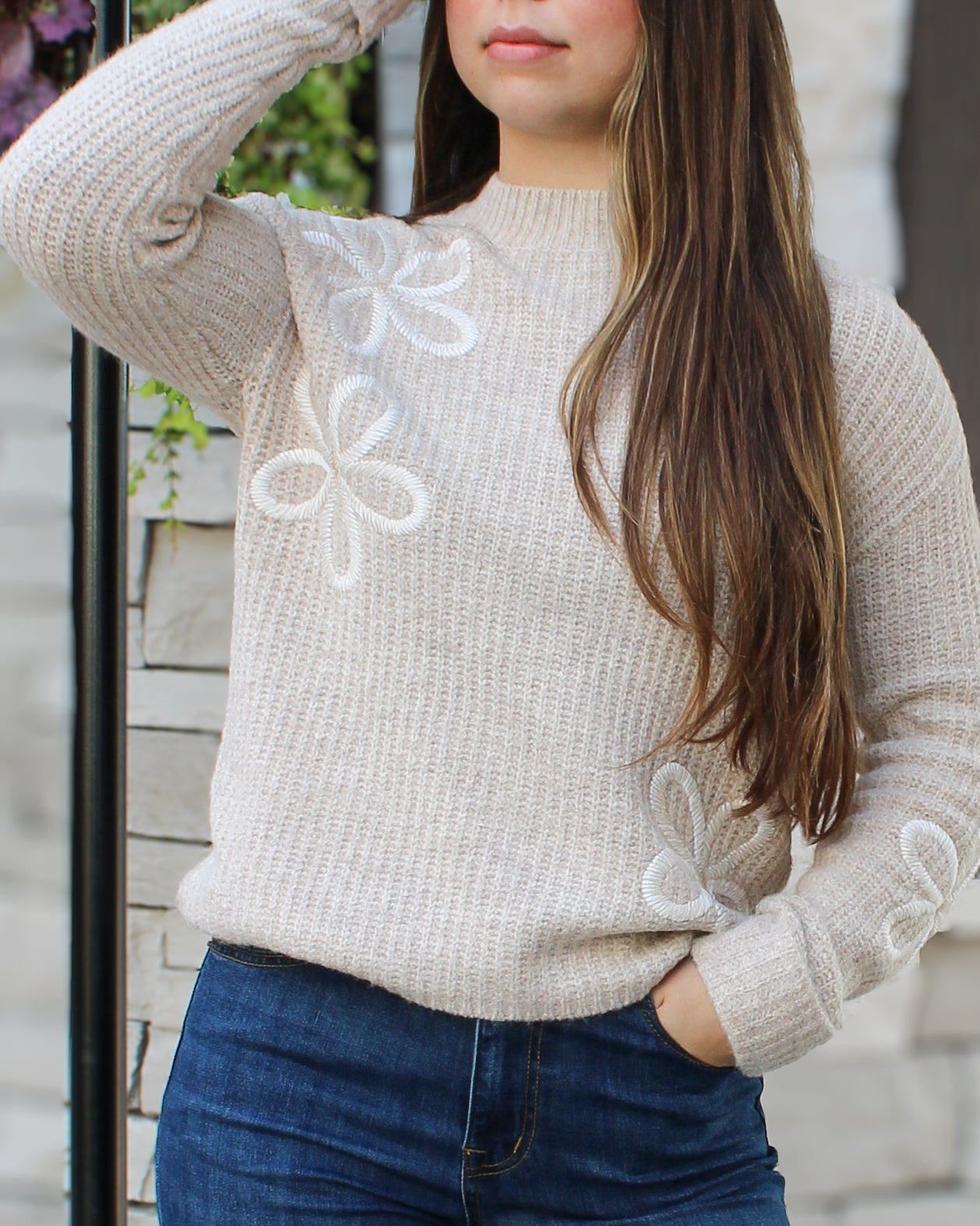 Mock Neck Floral Soutache Sweater