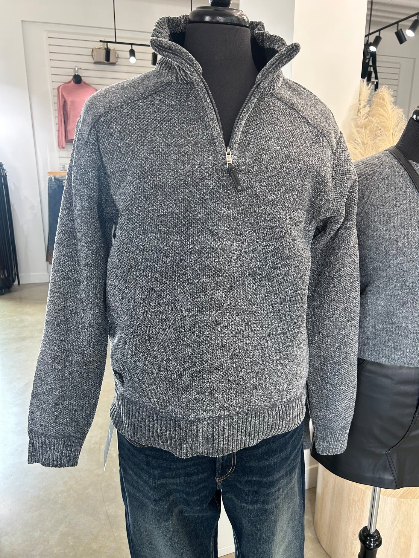 Chenille Mock Neck Zip Black Melange Sweater