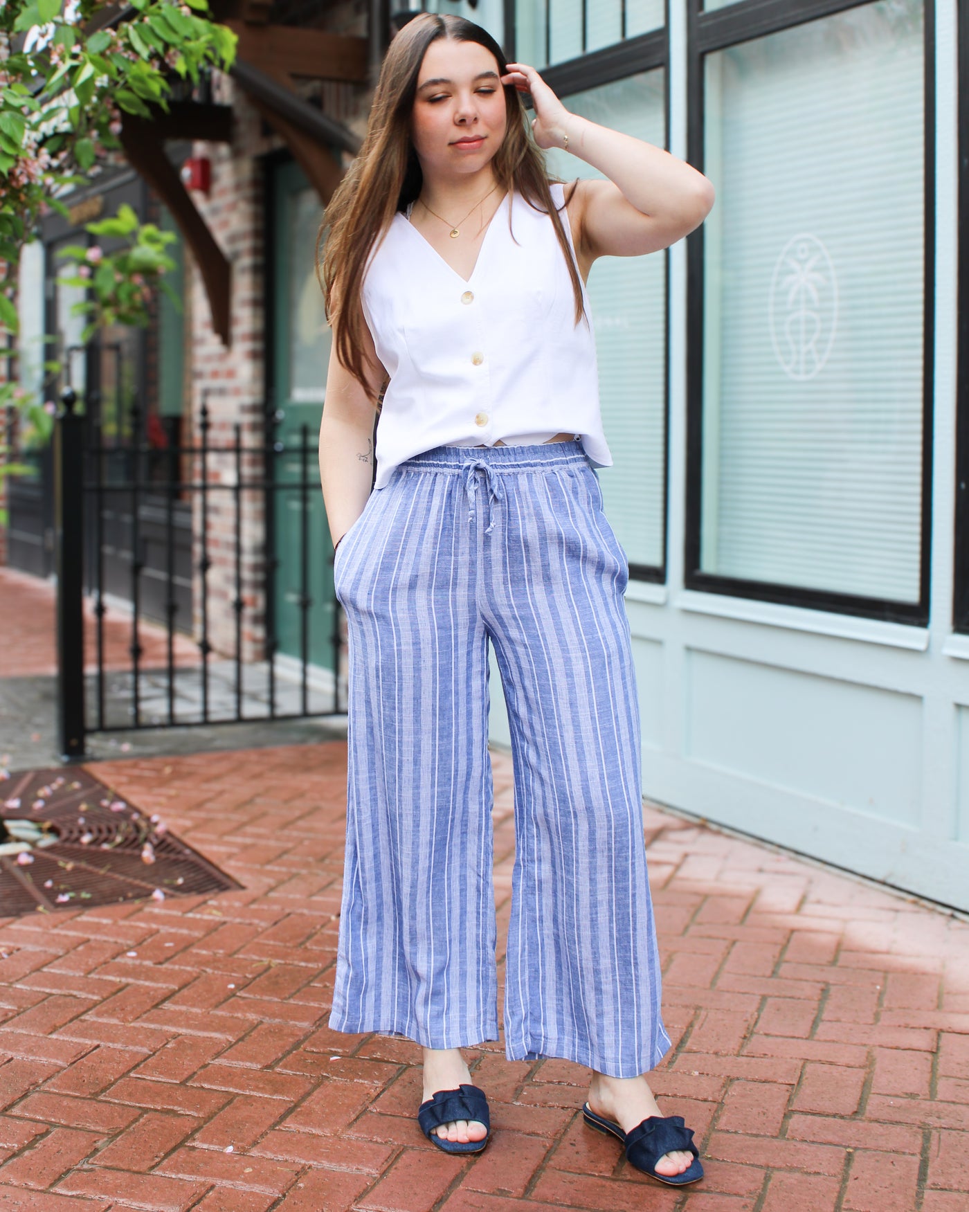Striped Linen Blend Flowy Pants