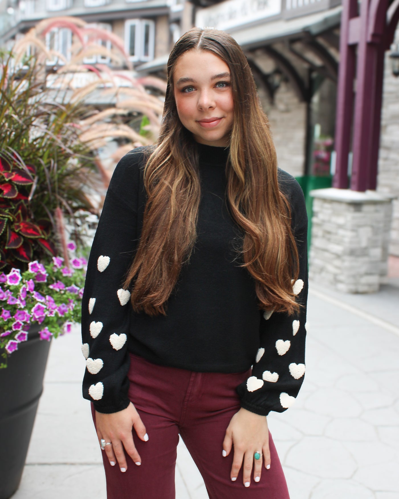 Mock Neck Sweater with Boucle Hearts