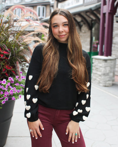 Mock Neck Sweater with Boucle Hearts
