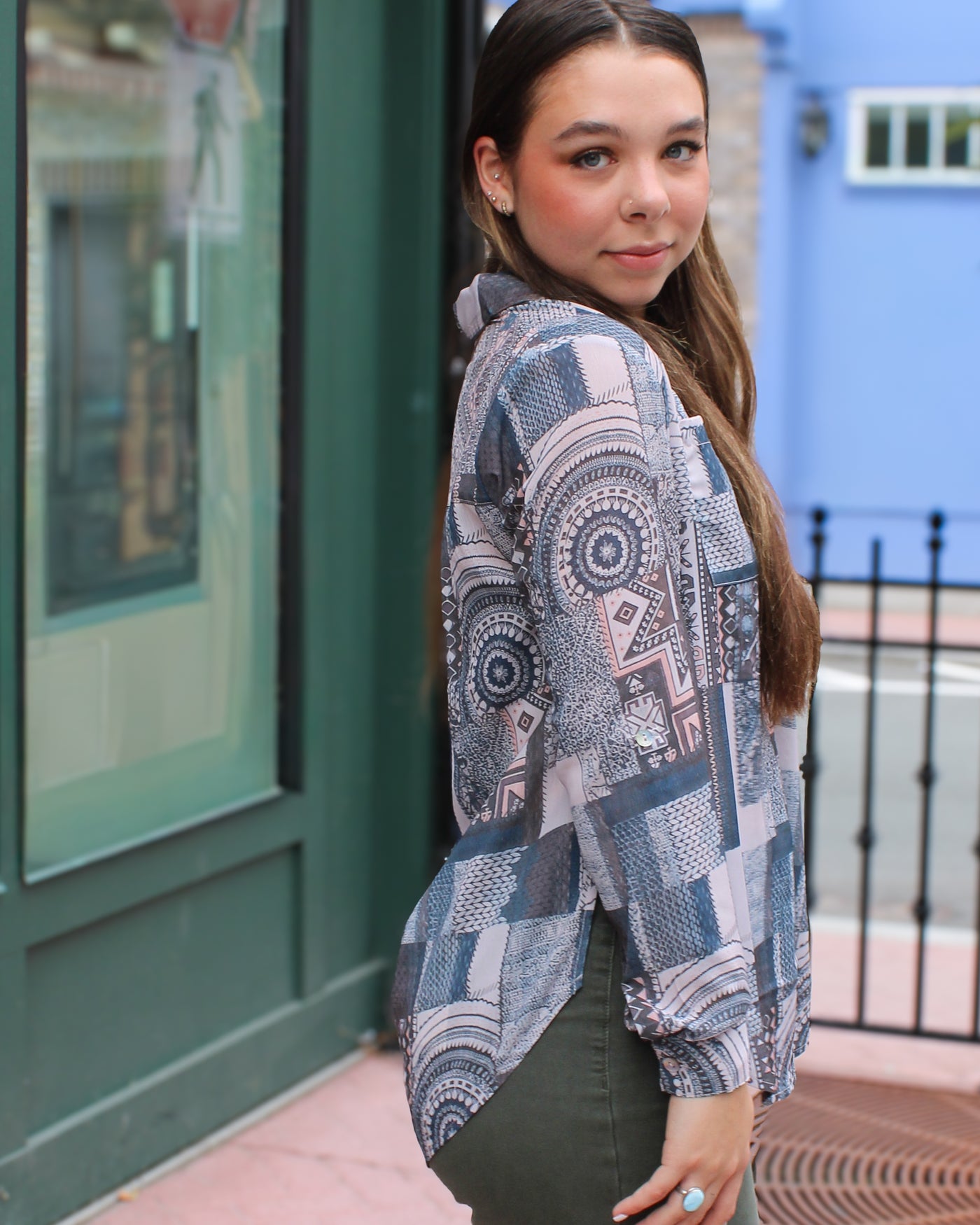 Patchwork Blouse with Front Tie
