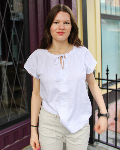 Split Neck Top with Tassel