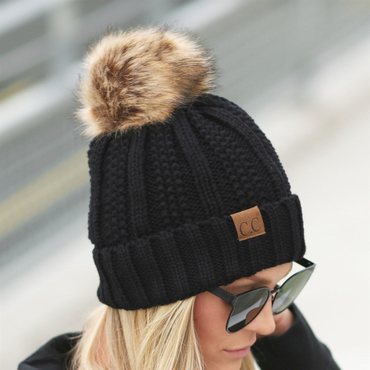 CC Fleece Lined Cable Knit Pom Beanie