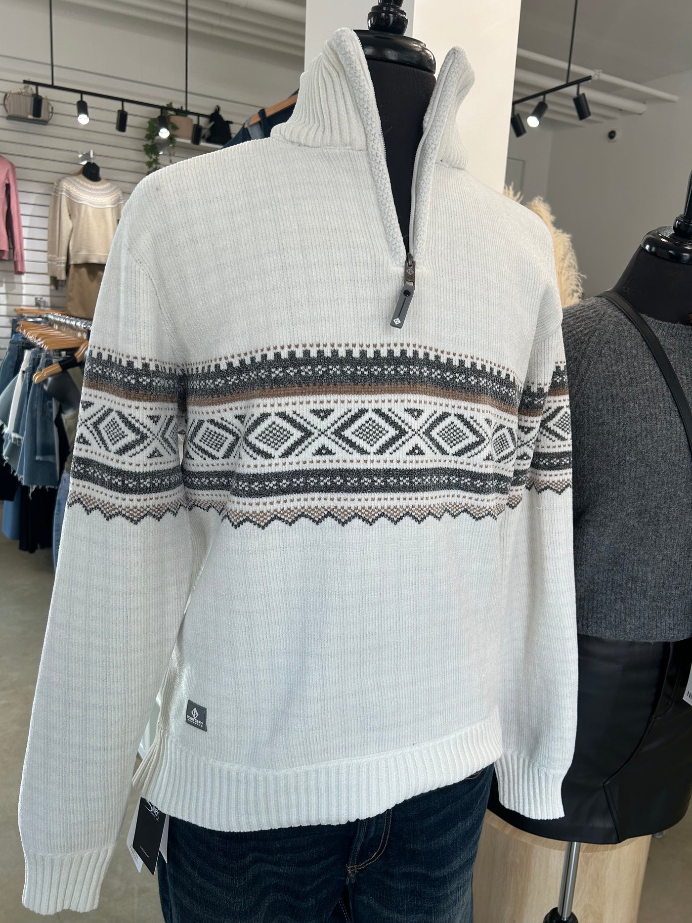 Chenille Mock Neck Zip Jacquard Sweater