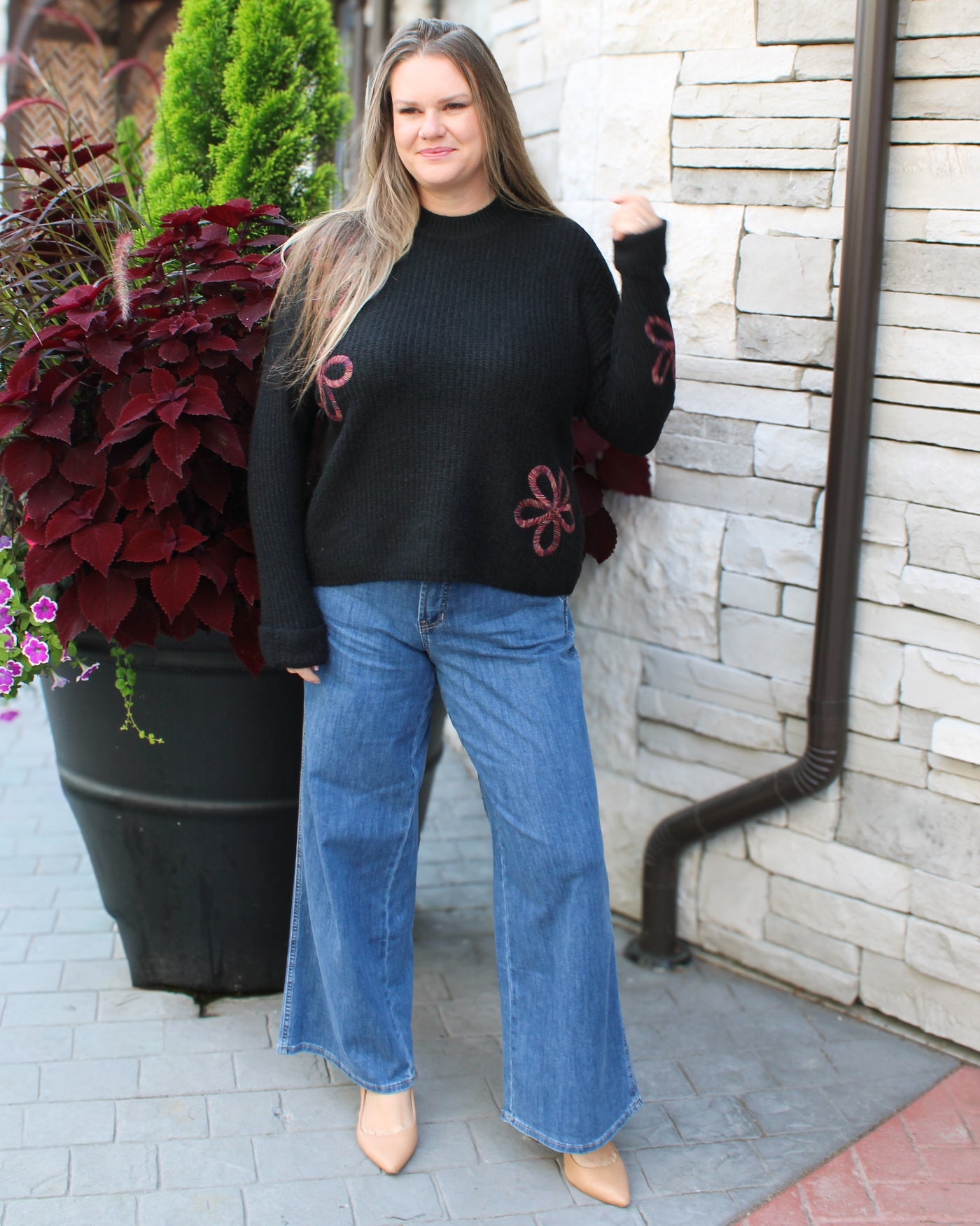 Mock Neck Floral Soutache Sweater