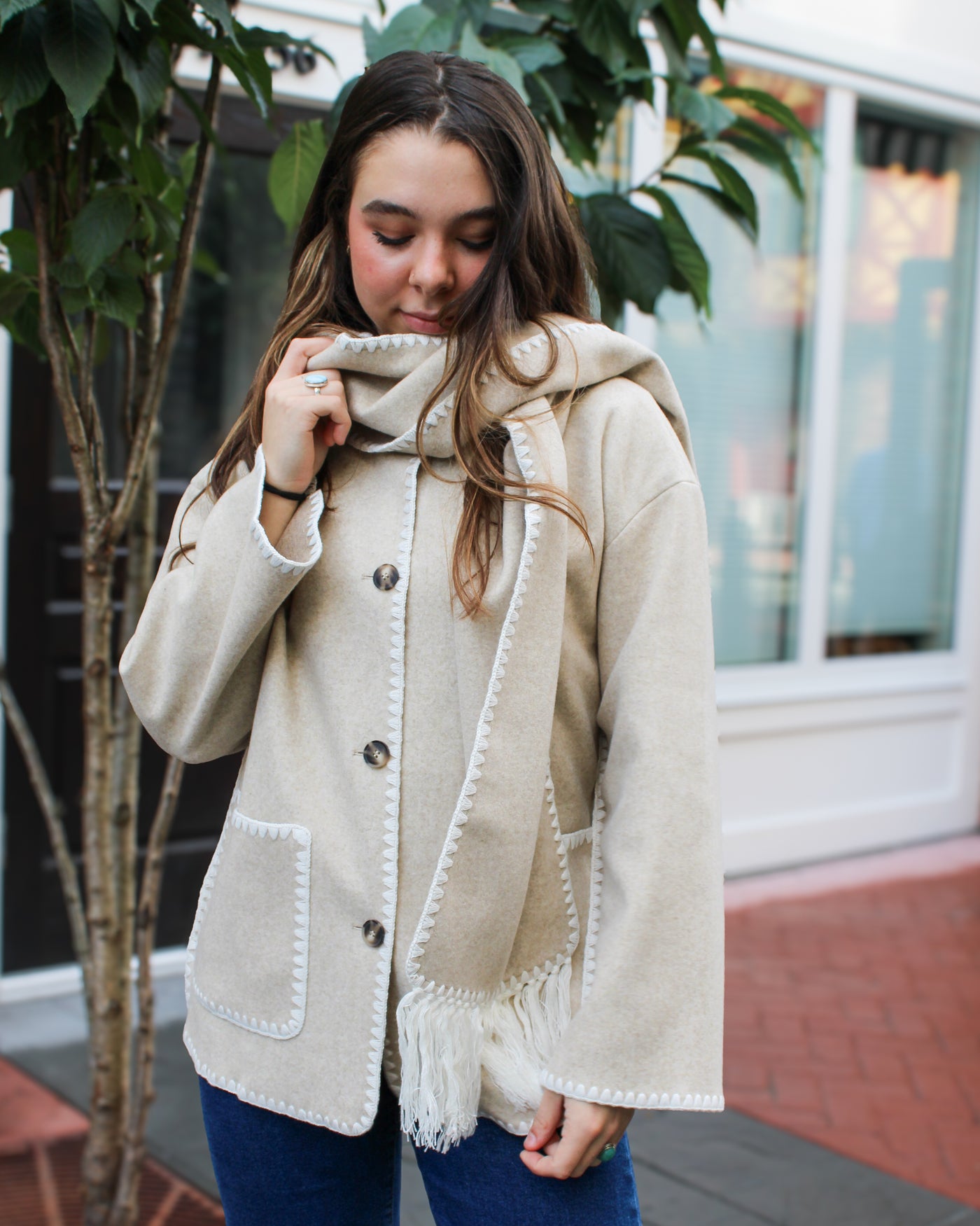 Button Front Coat with Detachable Scarf