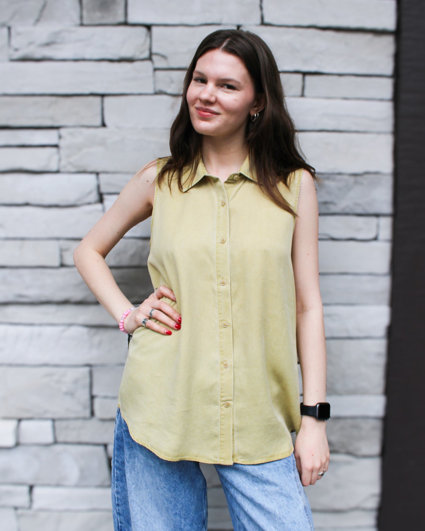 Starfruit Flowy Sleeveless Button Up Shirt