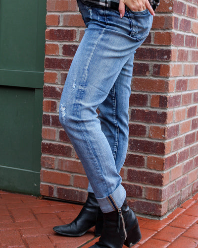 Button Fly Distressed Jeans with Cuff